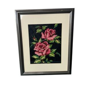 Vintage Framed Cross Stitch Needlepoint Artwork Roses 15" x 12"